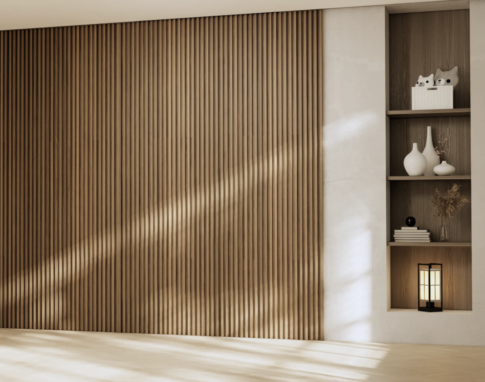Moderno revestimiento de madera con paneles verticales y estanterías integradas - Hache Flooring